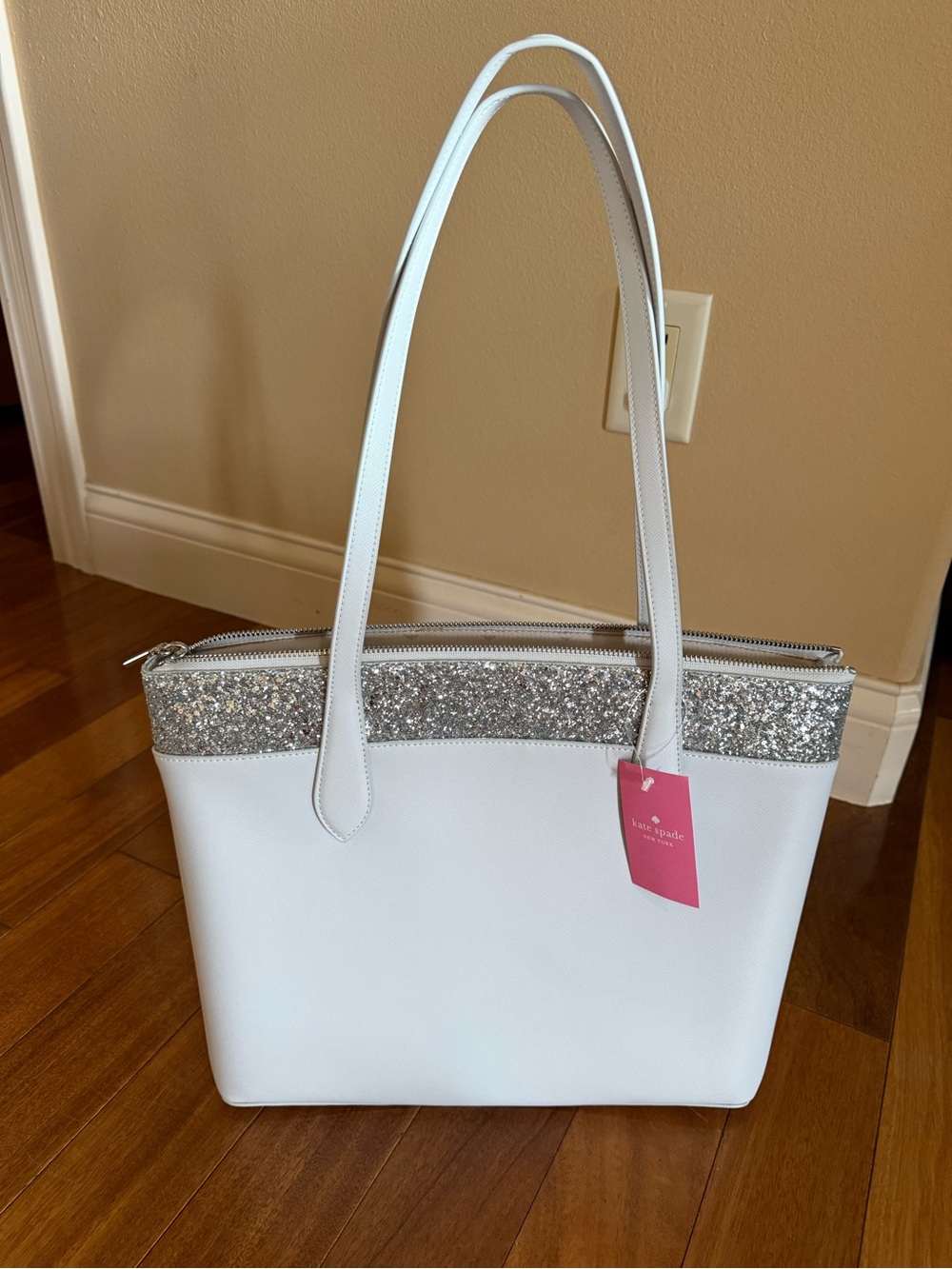 kate spade White Tote with Silver Glitter Trim
